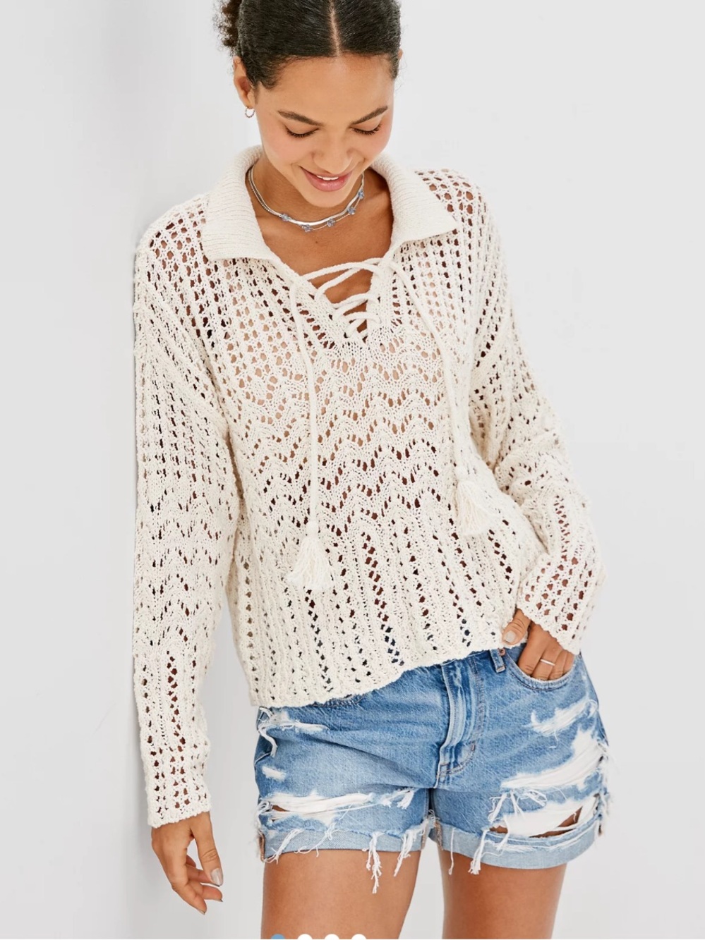 American Eagle Open-Knit Polo Sweater with Tassels
